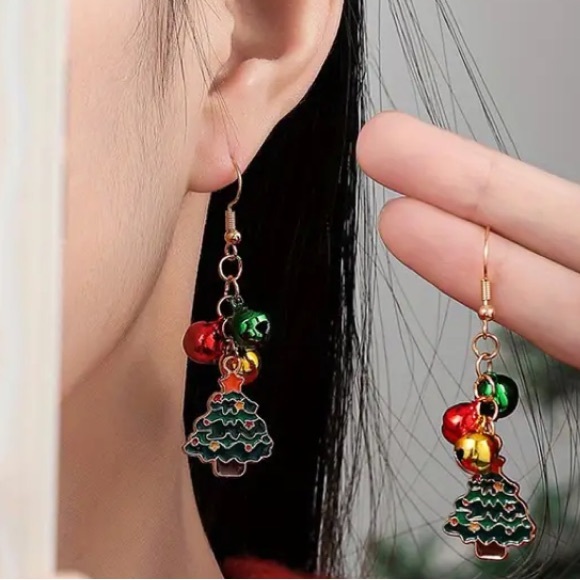 Christmas Tree with Bells Holiday Dangle Earrings - Picture 3 of 3